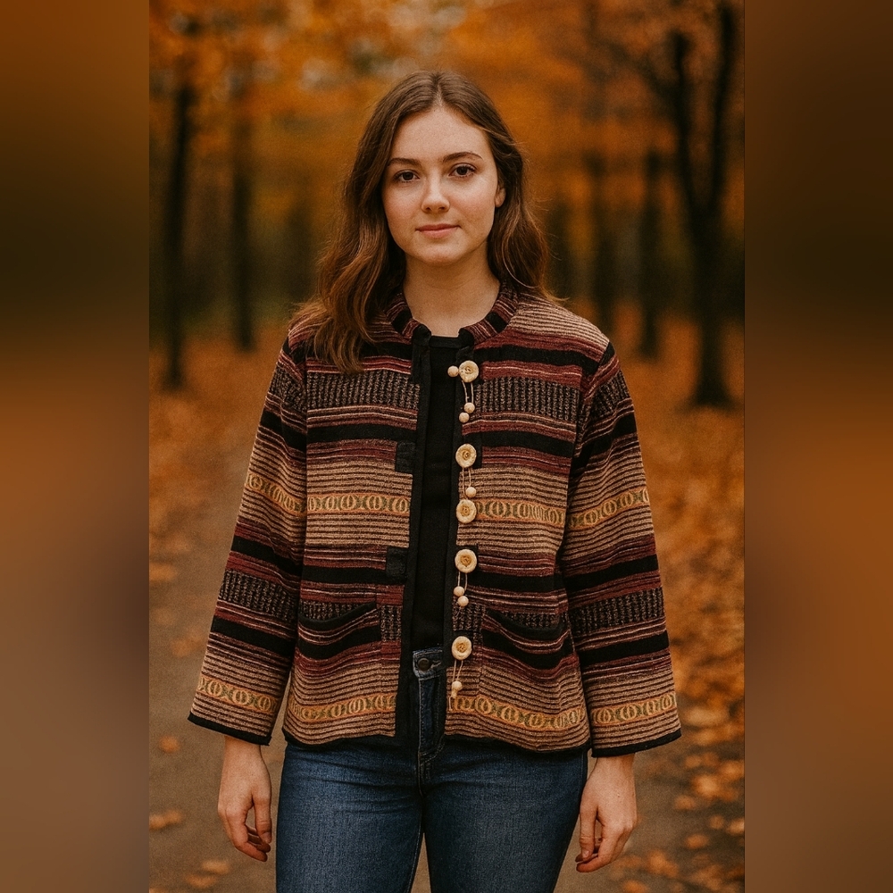 Vintage Flashback Festive Boho Ethnic Womens Size Medium Textured Jacket